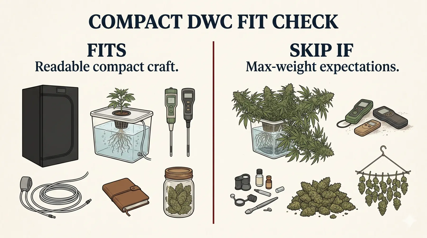 Apartment fit-check board comparing cabinet and tent footprint, access lane, plant spread, and maintenance path in a compact home grow.