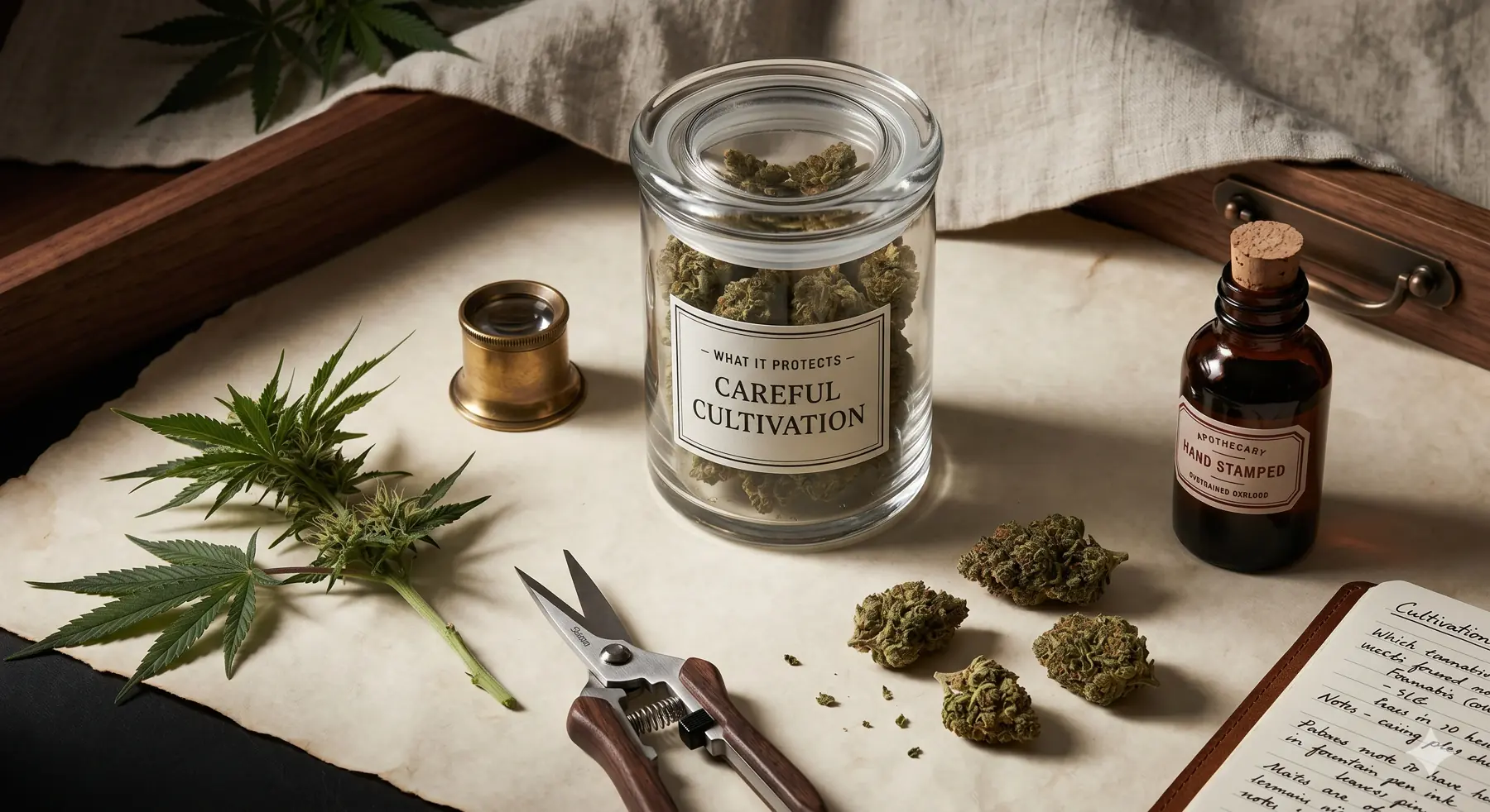 Editorial still life showing a cannabis jar, pruning shears, a loupe, and craft handling notes.