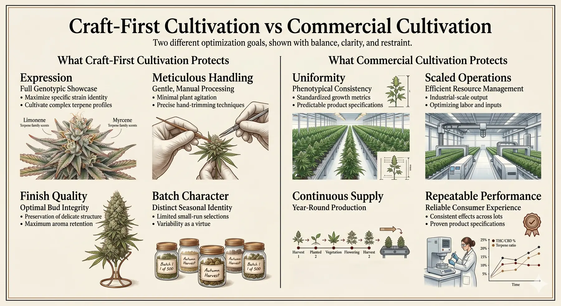 Comparison board showing what craft protects versus what commercial cultivation protects.