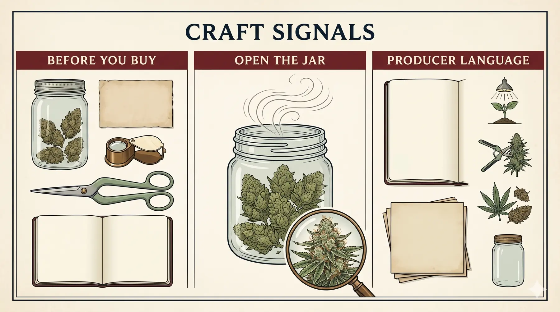 Field guide panel showing before you buy, open the jar, and producer language as three craft cannabis signals.