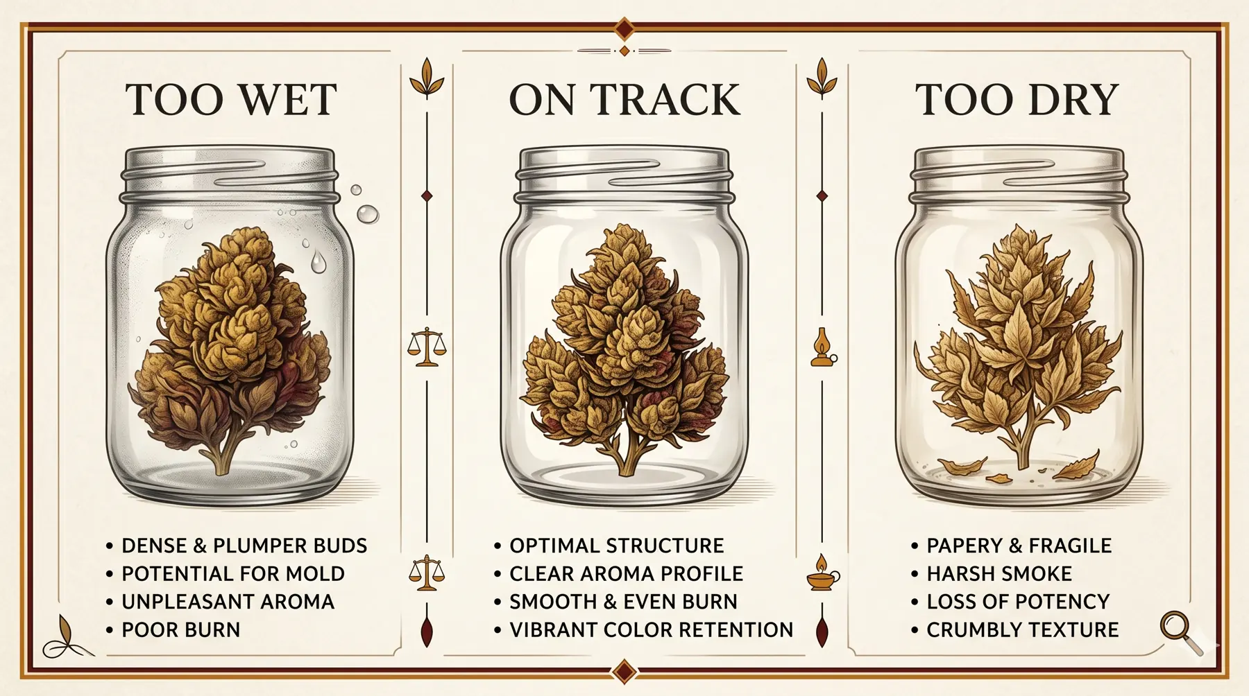 Cure state board comparing too wet, on track, and too dry jars.