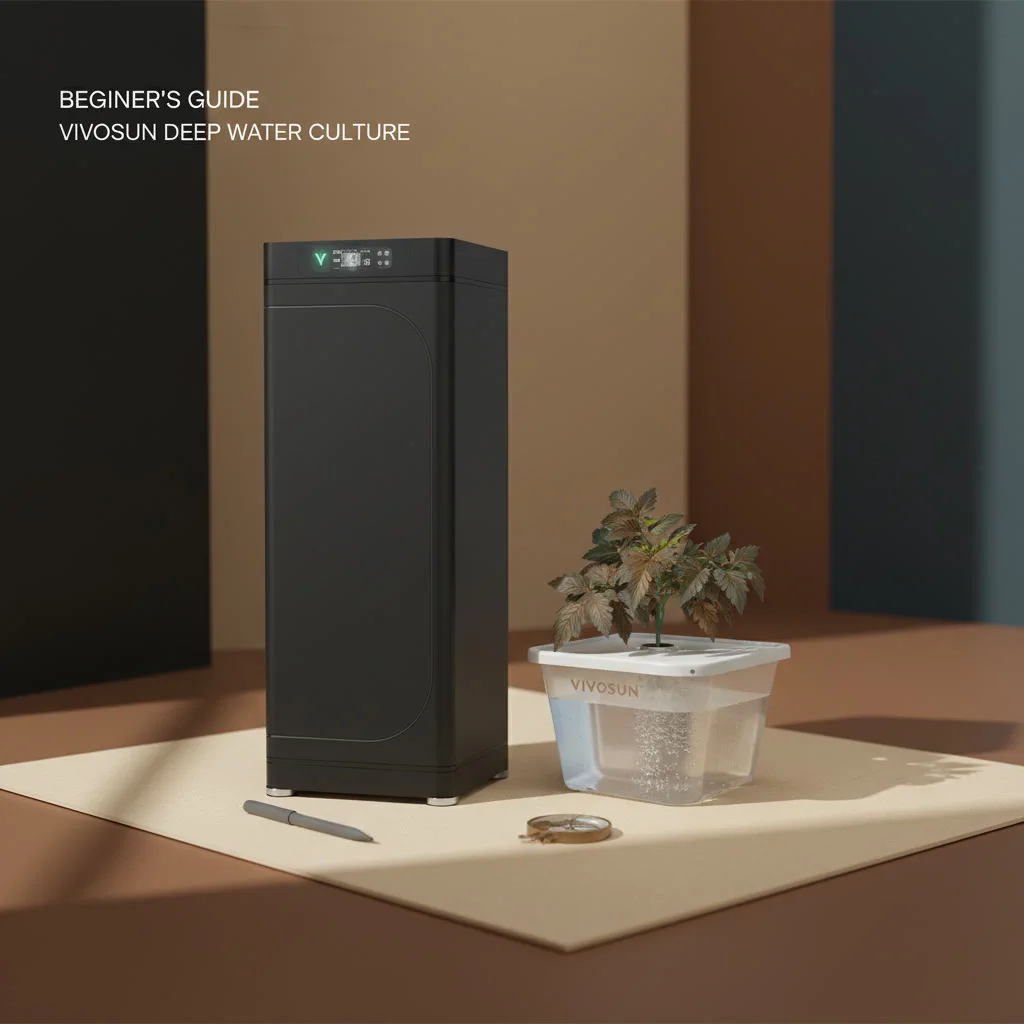 Compact deep water culture setup shown beside a tall grow cabinet on a warm studio surface.