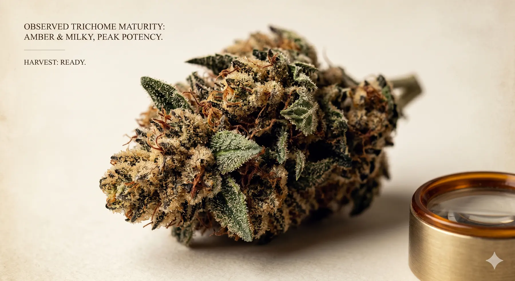 Mature cannabis flower photographed in warm neutral light beside a jeweler's loupe, representing a later harvest-ready window.