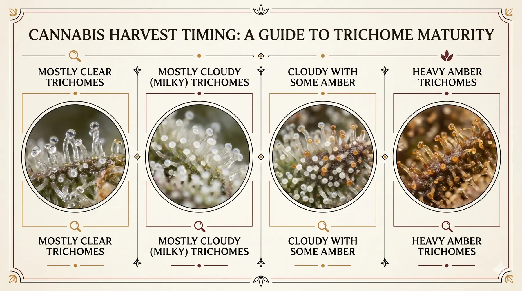 Harvest timing chart comparing mostly clear, mostly cloudy, cloudy with some amber, and heavy amber trichomes.