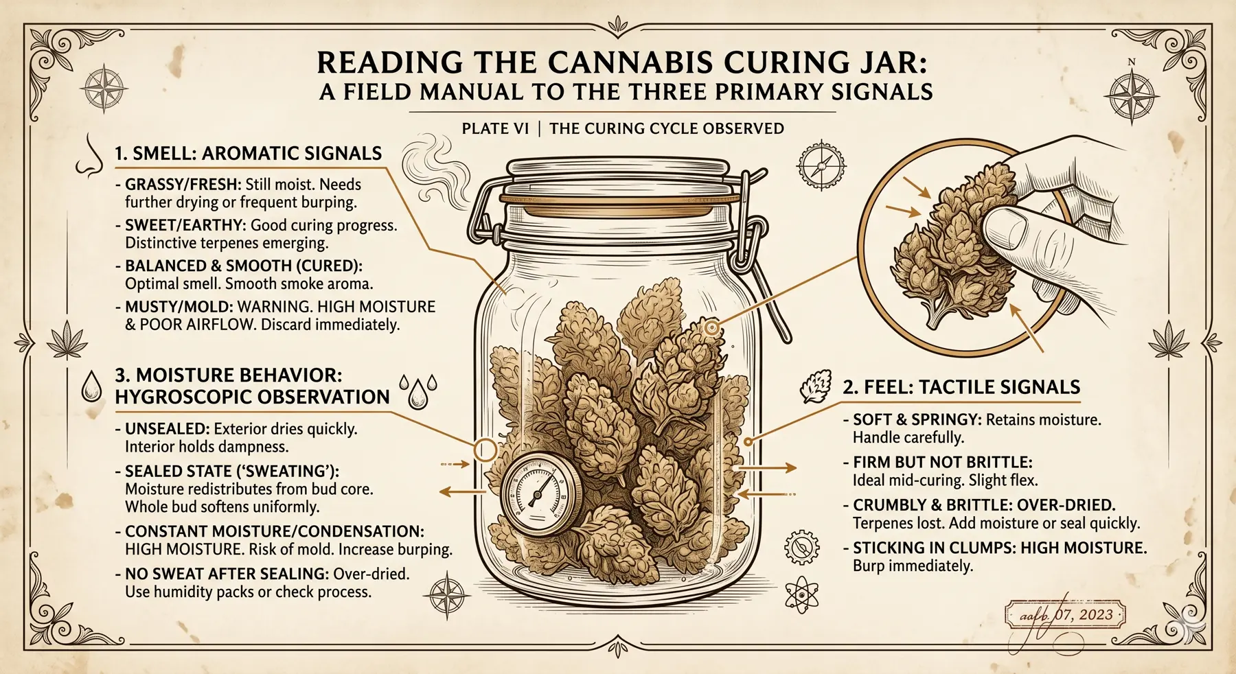 Jar reading diagram for smell, feel, and moisture behavior.