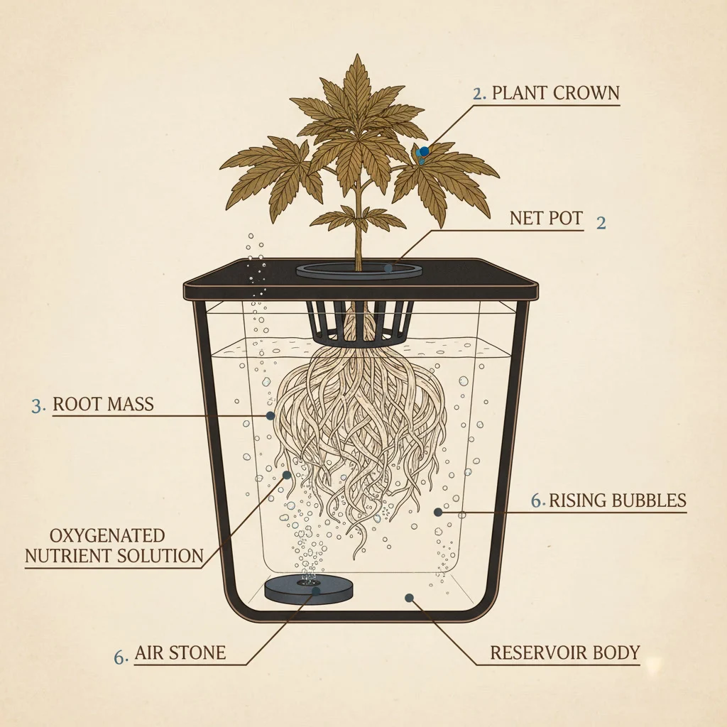 Cutaway diagram of a DWC reservoir showing root zone, oxygenated water column, air stone placement, and net cup position in a compact cannabis grow.