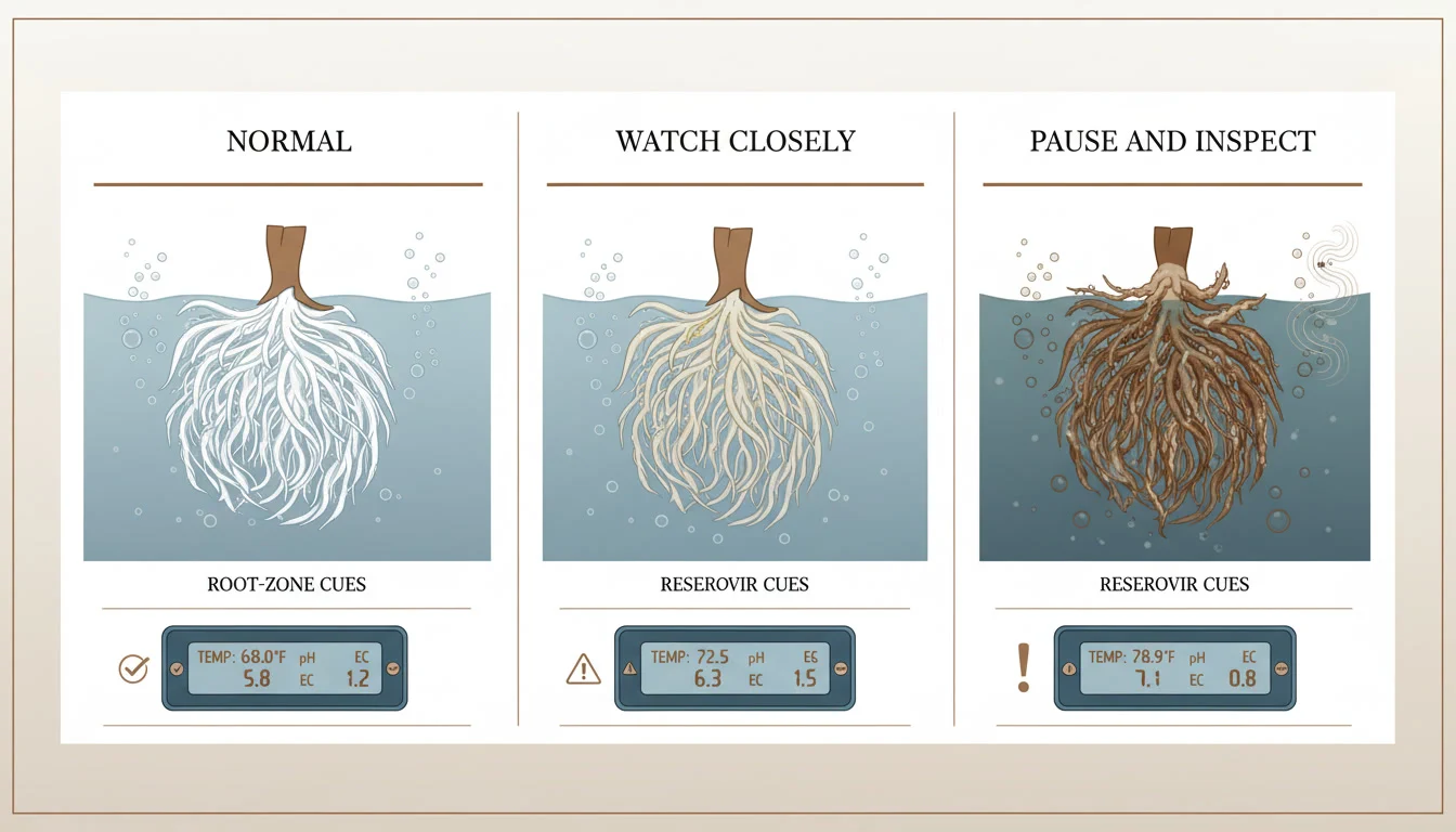 Educational comparison board showing healthy DWC cannabis roots, roots to watch closely, and roots that need immediate reservoir inspection.