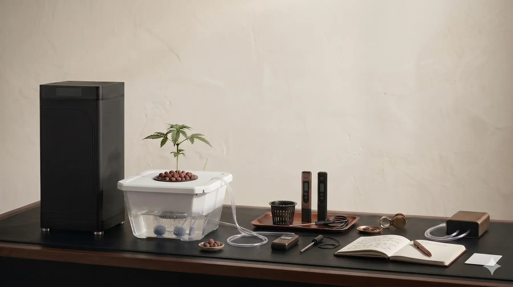 Compact DWC grow cabinet with clean reservoir access, monitoring tools, and a tidy small-space workflow arranged for root-zone readability.