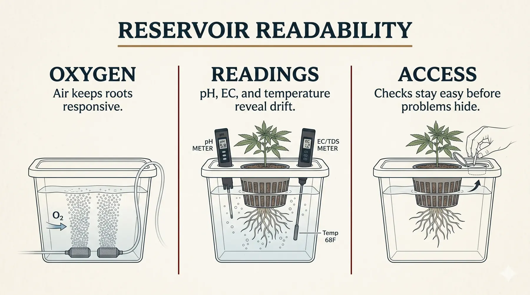 Reservoir readability panel for a compact DWC grow showing pH probe access, EC meter placement, water level inspection point, and air stone visibility.