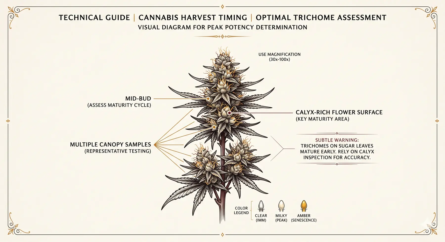 Inspection diagram showing where to inspect trichomes on cannabis buds and how to compare real flower surfaces instead of sugar leaves.