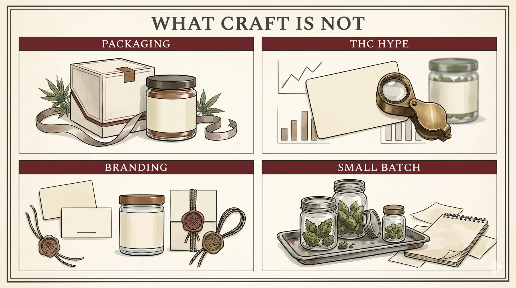 Field guide board showing packaging, THC hype, branding, and small batch as signals that do not prove craft cannabis quality by themselves.