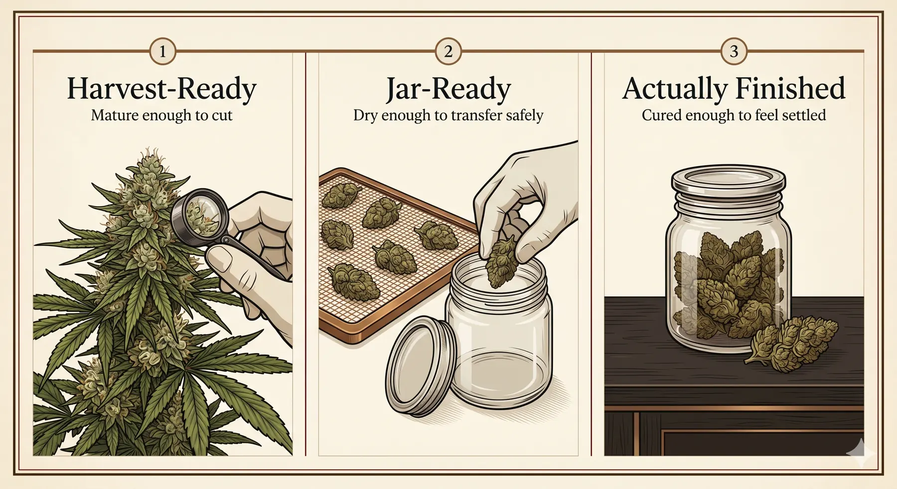 Compact finishing timeline showing drying, jar handoff, curing, and final settled flower stages in a small-batch workflow.